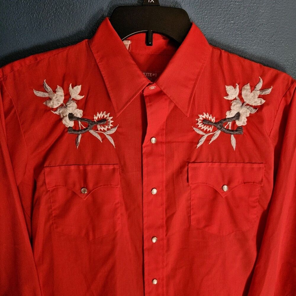 VTG 70s Karman Chute #1 Western Shirt Mens L Red Pearl Snap Embroidered Floral